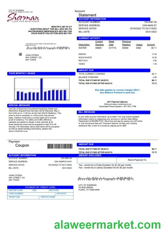 USA City of Sherman utility bill template in Word and PDF format